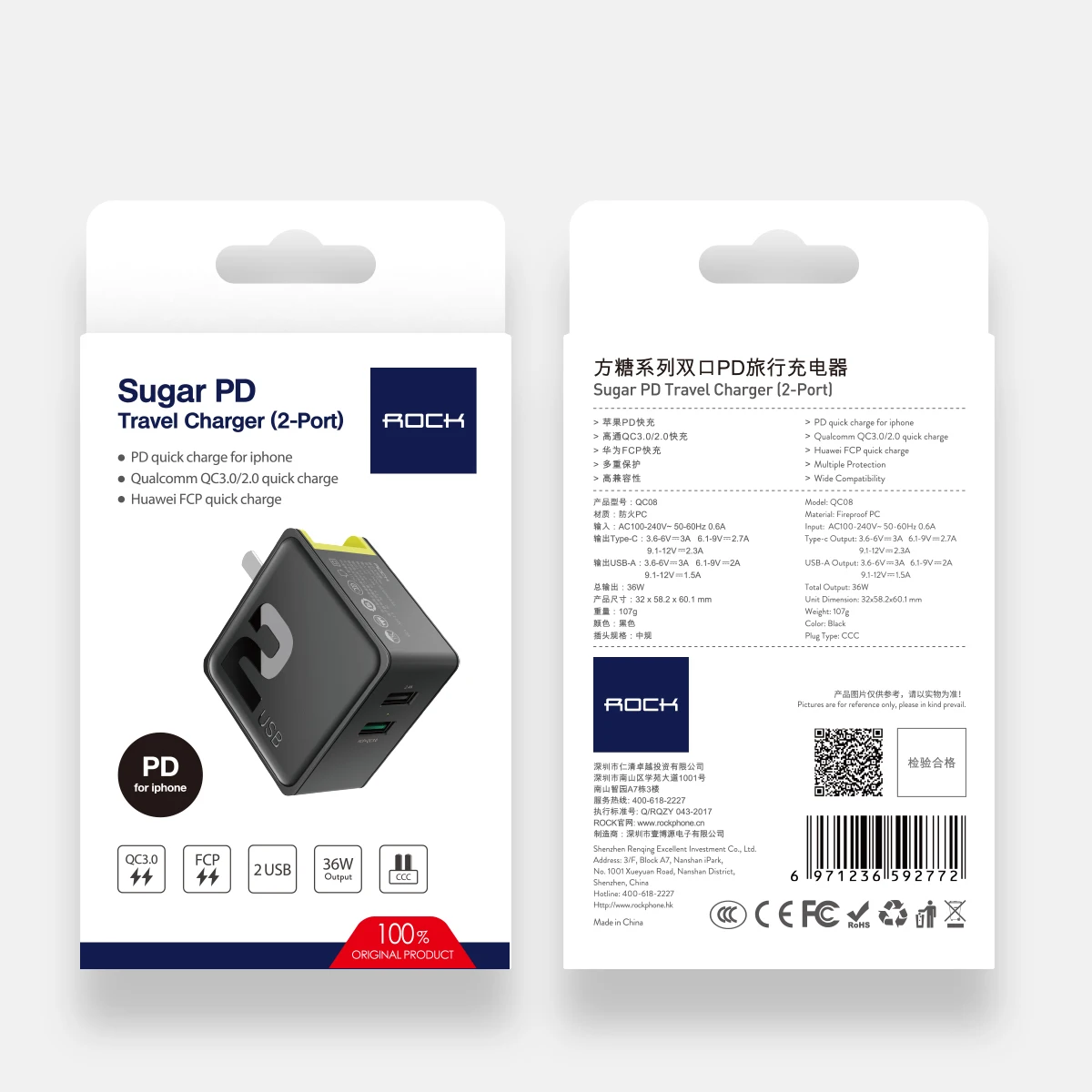 Дорожное зарядное устройство Rock USB PD для samsung S10 Note 10 Plus, 2 в 1, складное зарядное устройство для телефона с европейской вилкой для iPhone 11 Pro Max