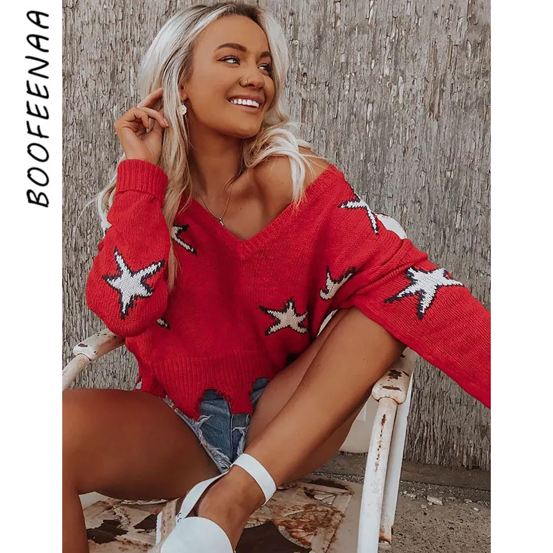 

BOOFEENAA Star Red Jacquard Knitted Crop Sweater Women Fall Winter Clothes 2019 Jumper Pullover Long Sleeve Tops C81-AE51