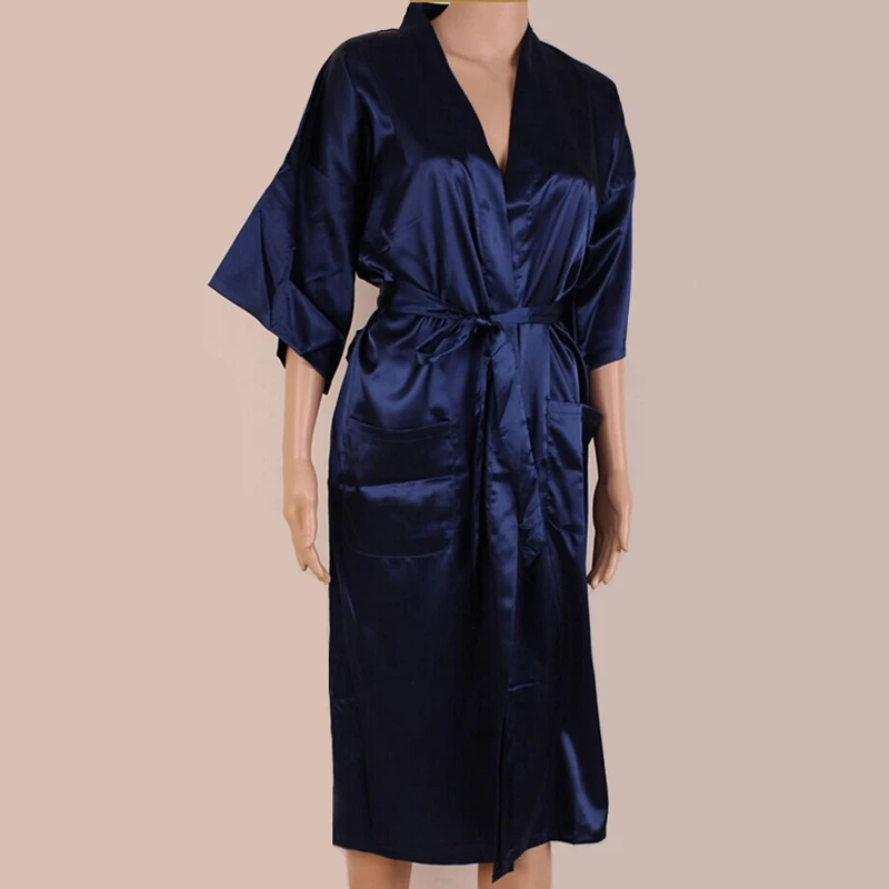 Buy Navy Blue Chinese Man Silk Rayon Long Robe Unisex