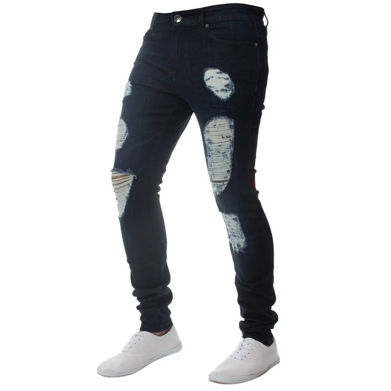 Casual Skinny Jeans Men Black Denim Pencil Jeans Plus Size Sexy Ripped Distressed Denim Jogger Knee Holes Washed Destroyed Jeans