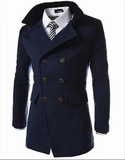 

Hot Sale Autumn Long Wool Coat Men Fashion Turn-down Collar Wool Blend Double Breasted Pea Coat Jacket Men Brand Overcoats