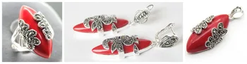 

free shipping Unique Red Carved Lacquer Marcasite 925 Sterling Silver Ring(#7-10) Earrings & Pandent jewelry sets