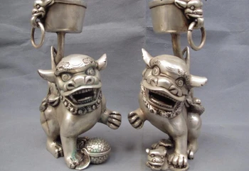 

song voge gem S1005 Chinese Royal White Copper Silver Evil Foo Dog Lion Kylin Kilin Candlestick Pair