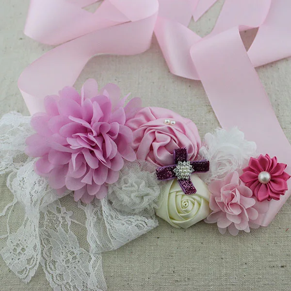 Яркая модная брошь в виде цветка, пояс с бриллиантами для девочек, пояс для беременных женщин, свадебные пояса, большой размер, сатиновый пояс для свадьбы - Цвет: pink
