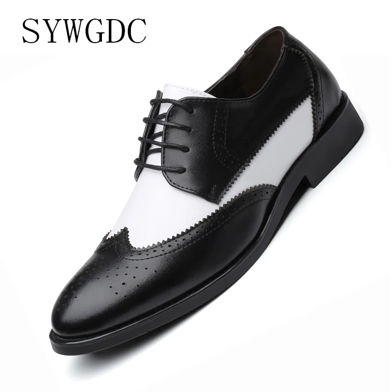 

SYWGDC 2019 British Style Men's Trend Pointed Toe Brogues Shoes Men Wedding Leather Dress Shoes Black White Formal Shoes Men
