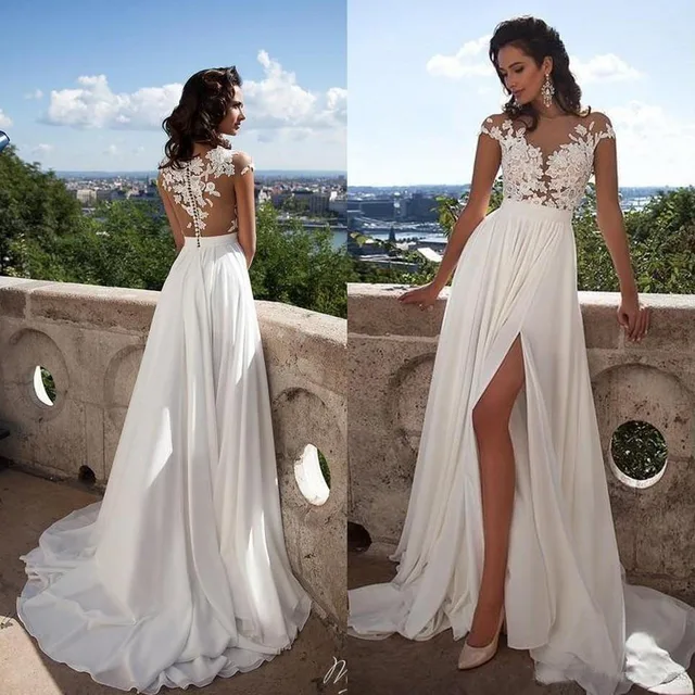 Y Lace Sheer Summer Beach Boho Wedding Dresses 2017 A Line Y Lace Sheer Summer Beach Boho Wedding Dresses 2017 A Line Chiffon Illusion Empire Waist Split