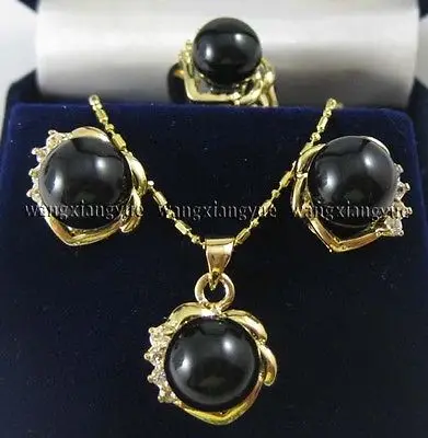 

Free Shipping>>new hot Black Rich Agate Earrings Ring & Necklace Pendant Set AAA