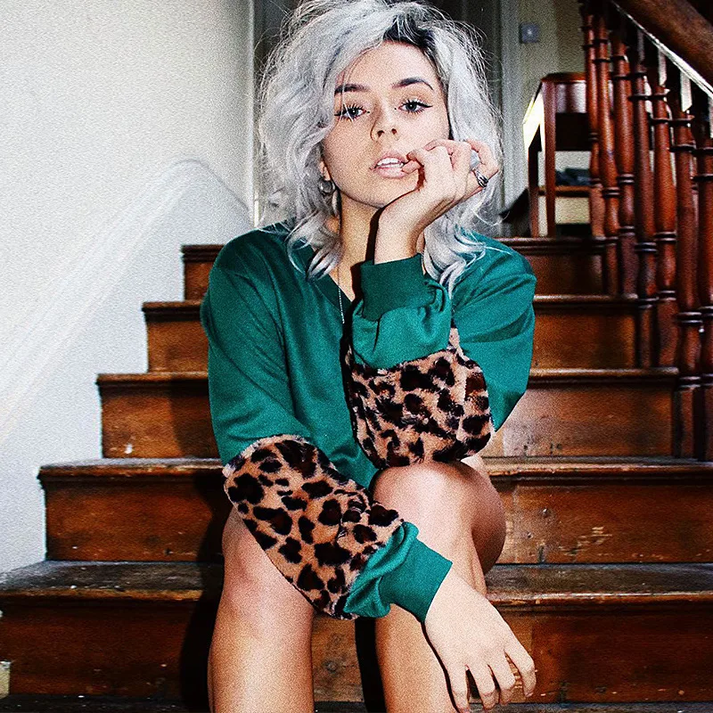

Women Leopard Faux Fur Cropped Hoodies Green Patchwork Sexy Crop Top Patchwork Sweatshirt 2019 Casual Long Sleeve Loose Pullover