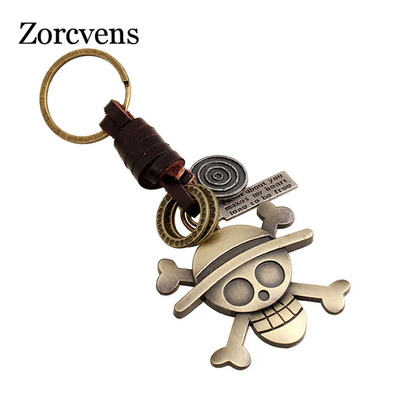 

ZORCVENS 2019 New Fashion Genuine Leather Punk Rock Vintage Pirates Skeleton Mark Key Chains for Man Woman