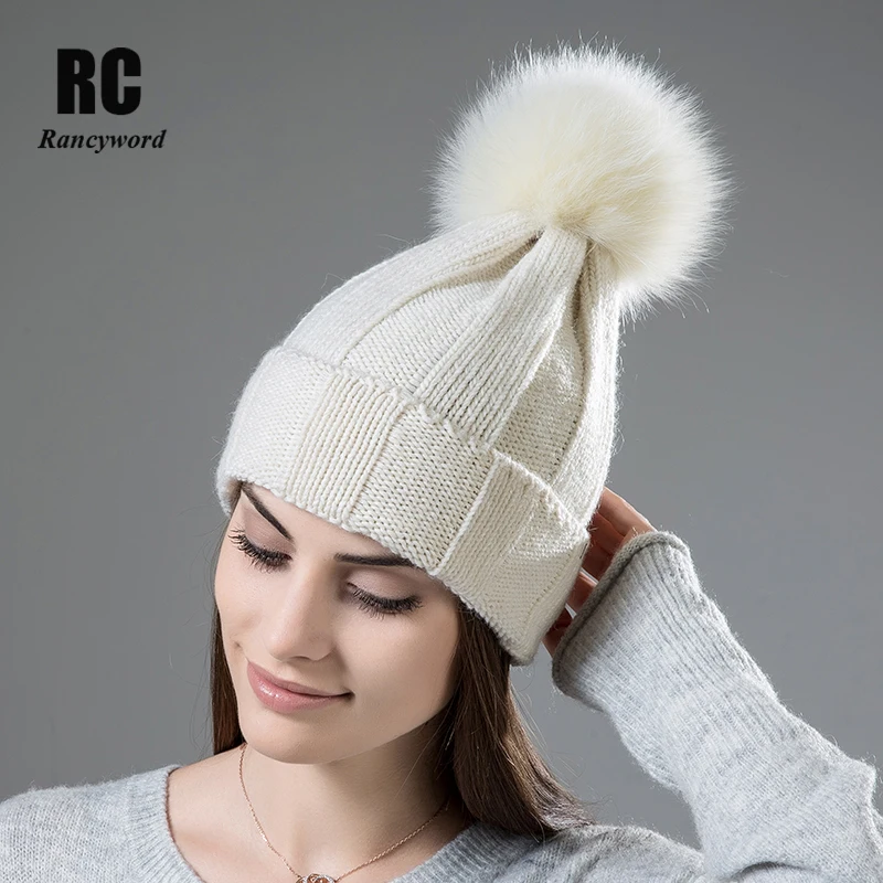 

[Rancyword] Winter Women's Hats Beanie Real Fox Fur Pom Pom Beanies Hat For Girls Knitted Wool Warm Hat Skullies RC2039