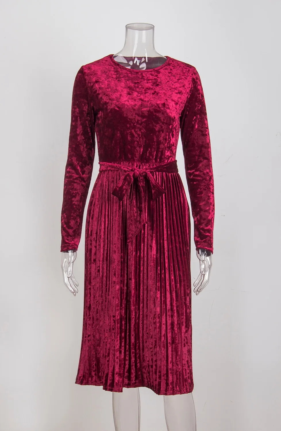 Для женщин длинные цвет красного вина Плиссированные платье О-образным вырезом сексуальный элегантный бархатный платье Макси Вечерние