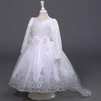 

Spring Autumn Kids Girls Long Sleeved Lace Princess Dress Trailing Kids Clothing White