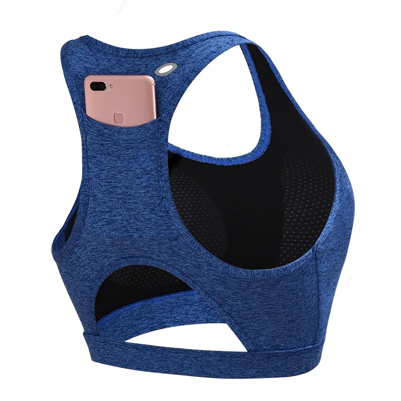 Women Sports Bra Phone Pocket Racerback Full Coverage Wireless