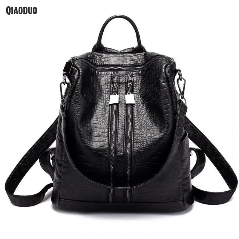 

Crocodile Pattern Travel Backpack Wash Leather Bag Mochila Feminina Sac A Dos School Bag Black Sheepskin Teenage Girl Backpacks