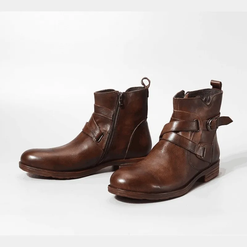Black Cuir En Zip Boucle Marque Bout Boot De Côté Noir Rond Décontracté Brun Bottines Luxe Rétro D'affaires Véritable Hommes Chaussons brown Moto nwON80kXZP