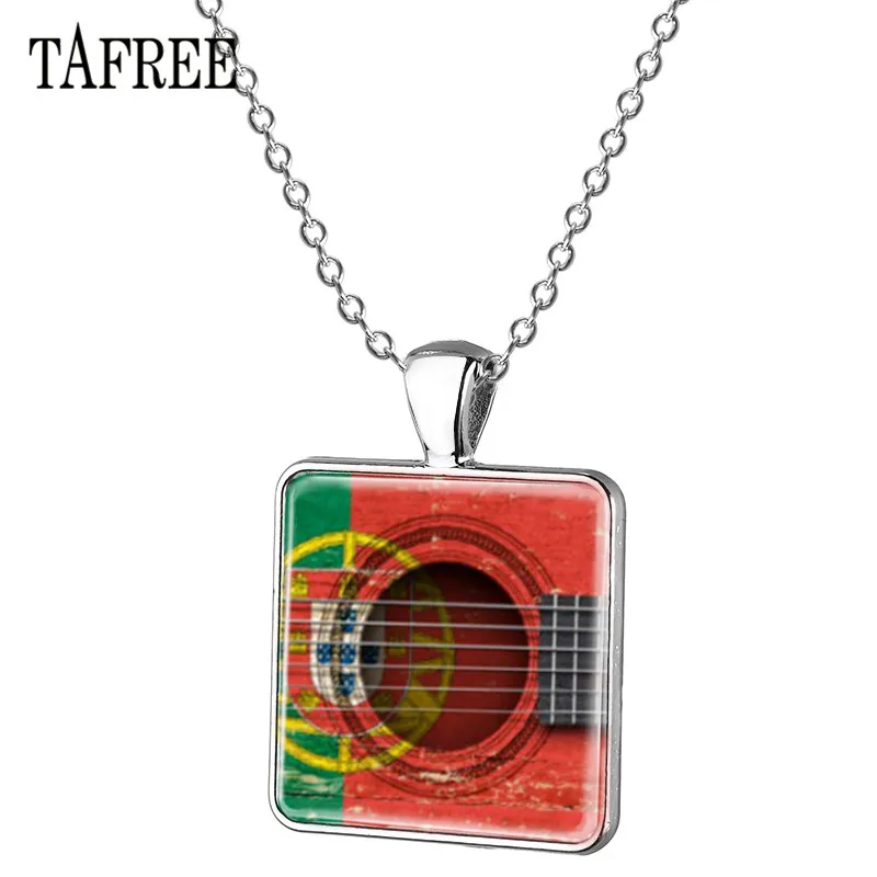 TAFREE 26 Countrys Flag with guitar Necklace Portugal Spain Japan Square Pendant Chain Necklaces Punk Party Jewelry GF43 | Украшения и