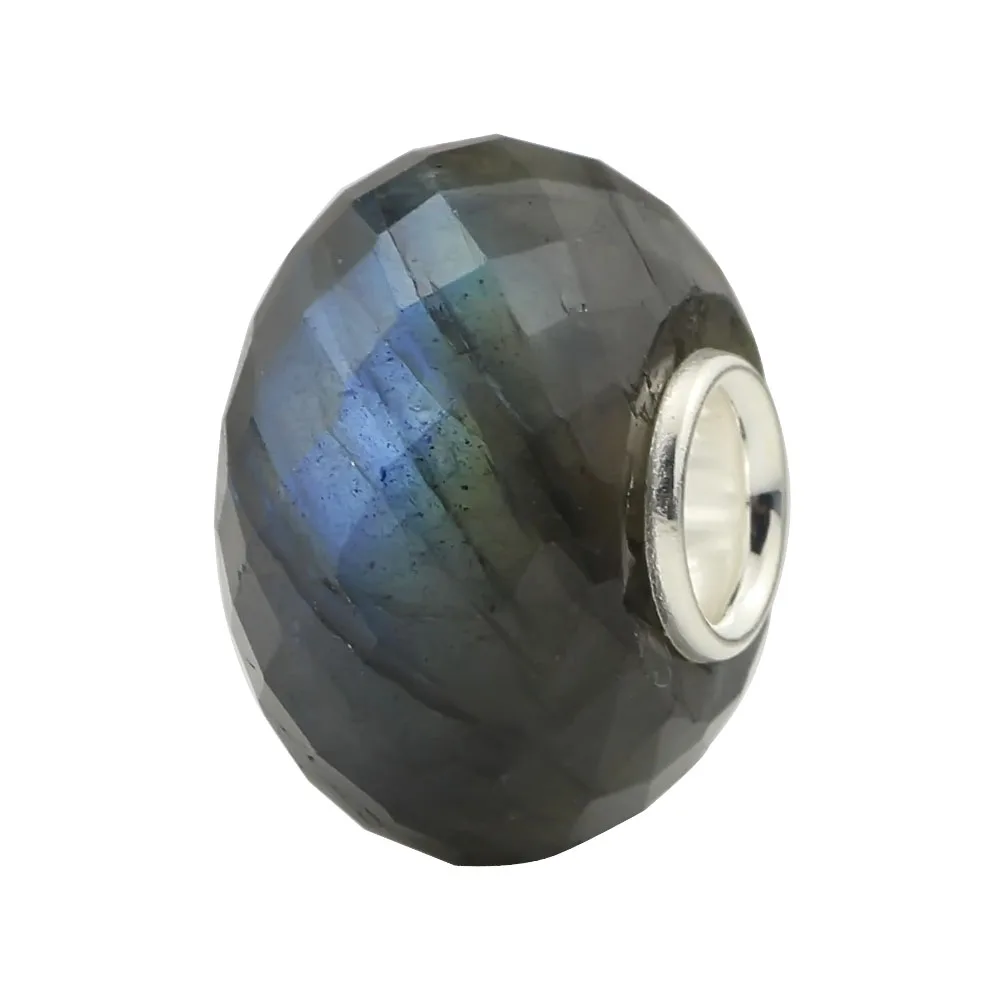 

Genuine 925 Sterling Silver 4.3mm Core Hole Faceted Natural Labradorite Stone Charm Bead Fit European Bracelet Jewelry