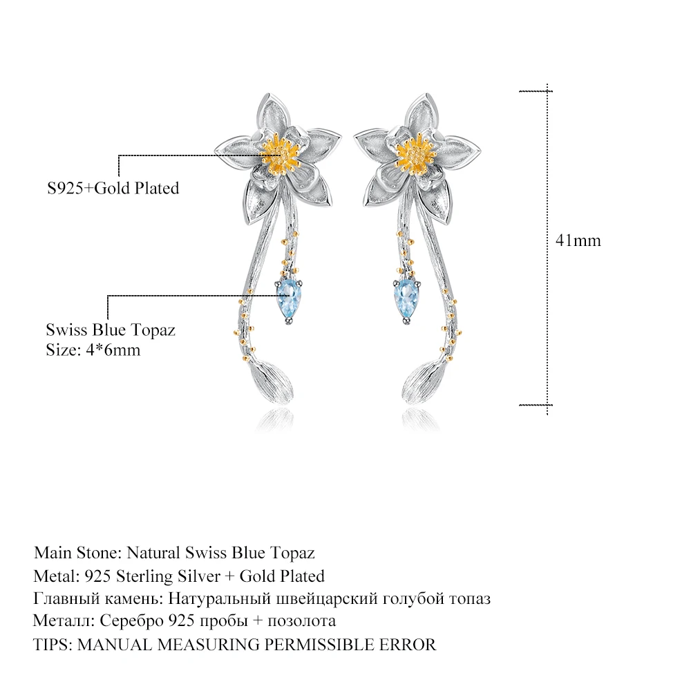 GEM'S балетные костюмы натуральный Швейцарский Голубой Топаз 925 пробы серебро ручной работы Delicated цветок сливы Висячие серьги для женщин