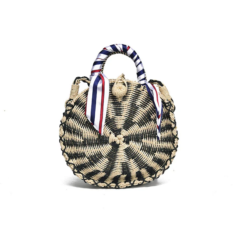 

Summer New Straw Pure Hand-Woven Mini Scarves Round Straw Bag Beach Bag Shoulder Slung Hand Bag