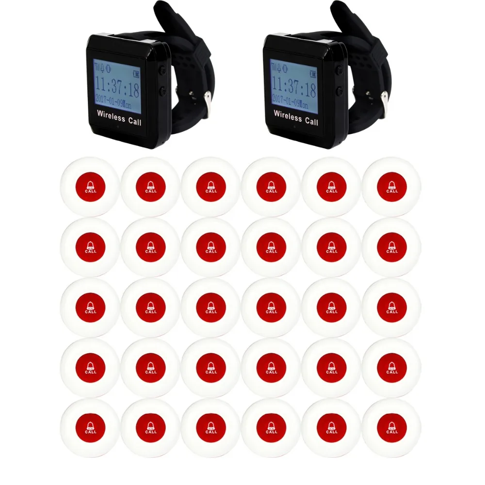 

Wireless Pager System Call Restaurant Equipments Waiter 2pcs Wrist Watch Receiver+ 30pcs Call Transmitter Button 433MHz