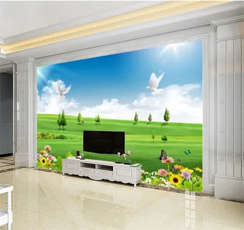

Custom Photo Wallpaper 3D Green Grassland Flowers Butterfly Landscape Home Decor Living Room Wall Covering