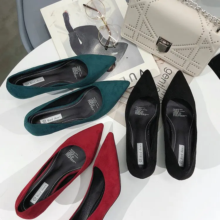 

2019 new spring black high-heeled women's professional fine with pointed low-heeled cm net red suede single shoes women's shoes