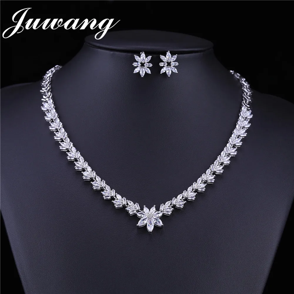 JUWANG, красные роскошные женские свадебные ожерелья, серьги, кольцо ювелирные изделия для невесты, набор, серебристый цвет ААА, циркон, кристалл, Подарок на годовщину - Metal color: style 17