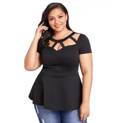 Однотонные черные Большие размеры женская летняя футболка выдалбливают сексуальные оборки снизу Лоскутная с коротким рукавом женская