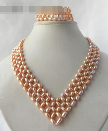 

12557 Handmade Pink Rice Freshwater Pearl Necklace Bracelet Set