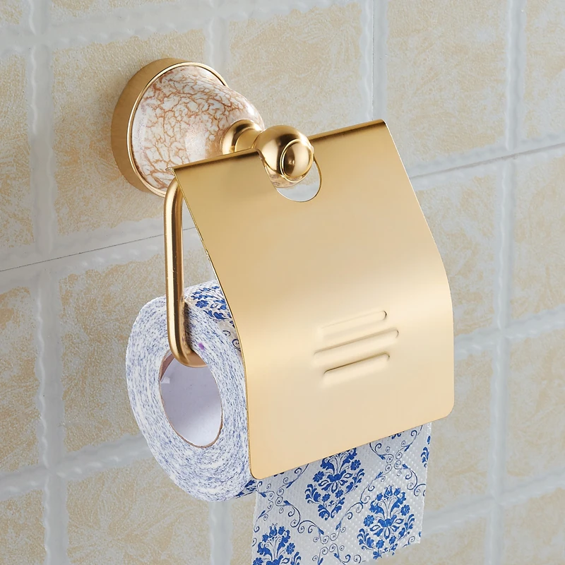 Toilet Paper Holder Waterproof Aluminium Ceramic Decorative Paper Towel Holder Wall Mounted Bathroom Tissue Roll Paper Rack Gold