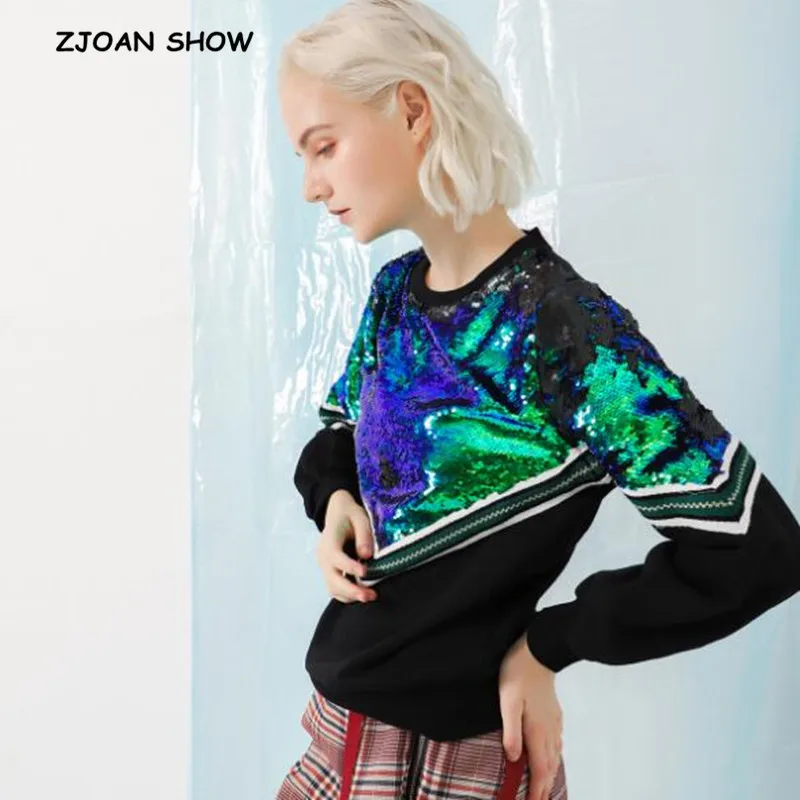 

Harajuku Striped Sequins Sweatshirts Black Vintage Round neck Long Sleeve Loose Sweats New 2018 Women Loose Jumper Sweats