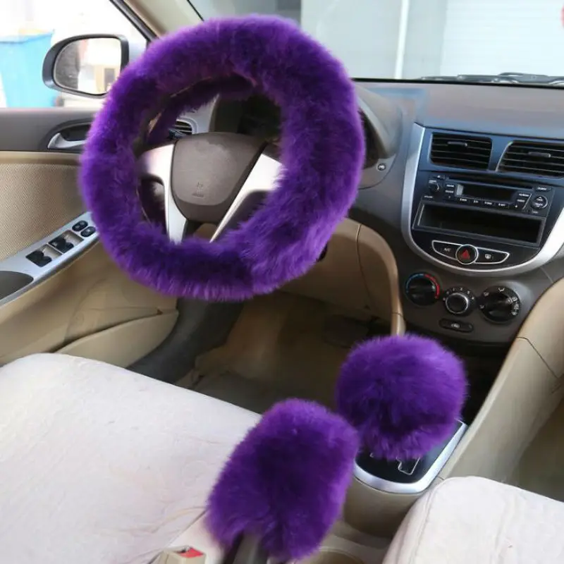 

Universal 3 in 1 Wool Steering Wheel Cover 14.96" Handbrake Cover Gear Shift Cover Winter Warm Faux Wool for Women Men