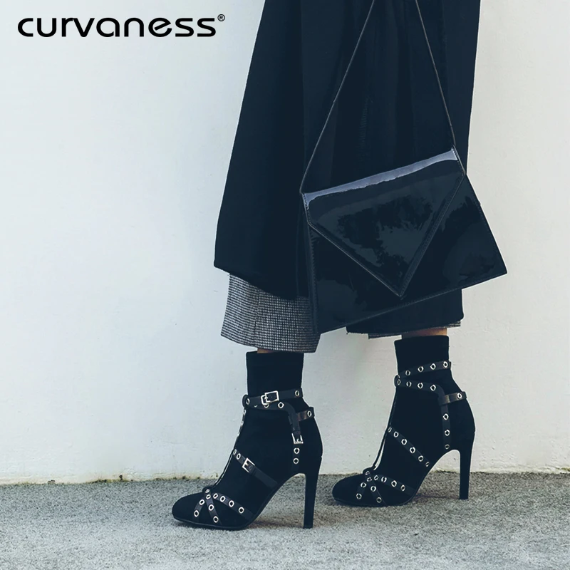 

Curvaness Women 2018 Autumn Winter Strap Ankle Boots Leather Buckle Strap Chians Short Flock Boots Sexy Rivets High Heel
