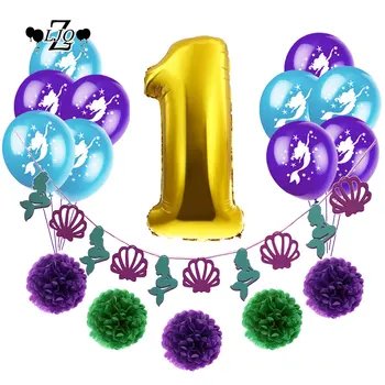 

ZLJQ 17pcs Little Mermaid Shell Non-woven Fabric Banner Latex Balloon 1st Birthday Party Supplies and Paper Flower Decorations