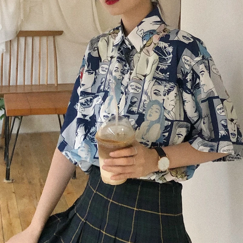 

Women's Summer Shirts Korean Ulzzang Lovely Vintage Printed Short-sleeved Shirt Female Sweet Ins Chic Cute Top For Women Tunic