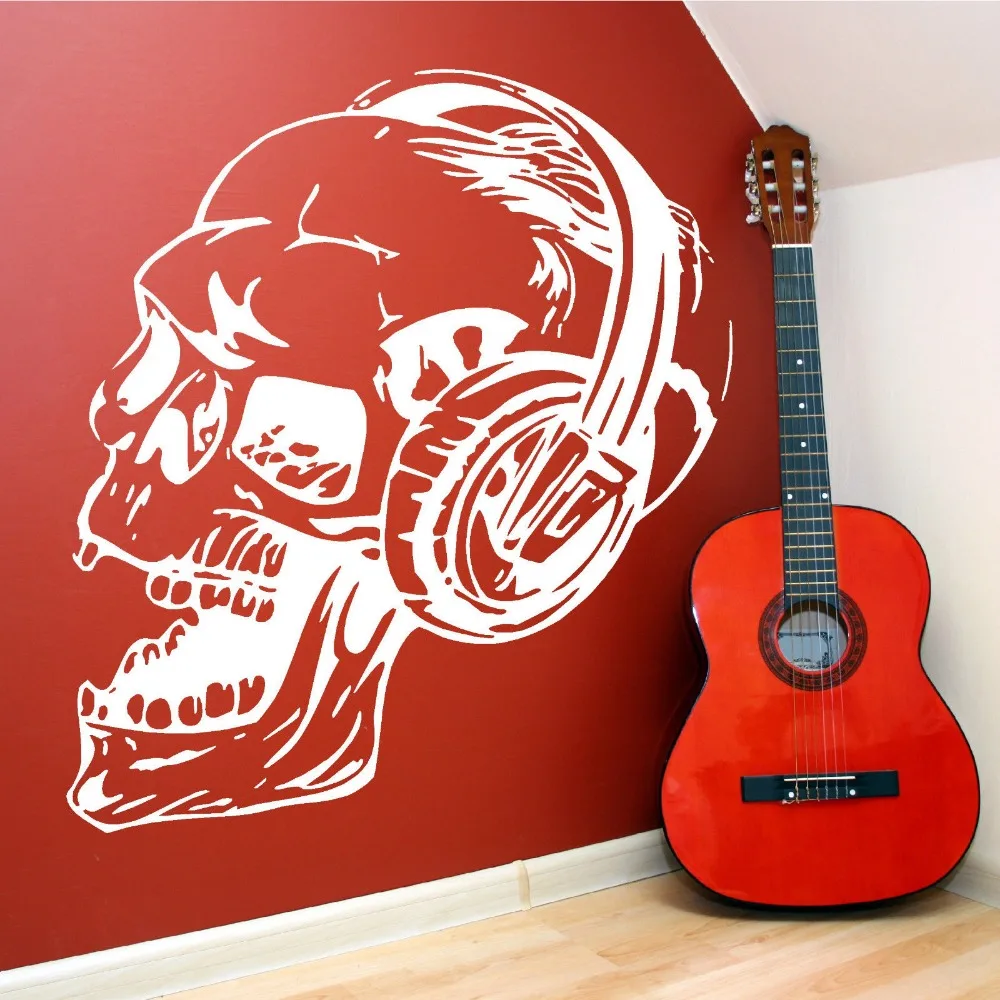 Art Design Skull With Headphone Music Series Wall Sticker Vinyl Home Living Room Cool Decor Wall