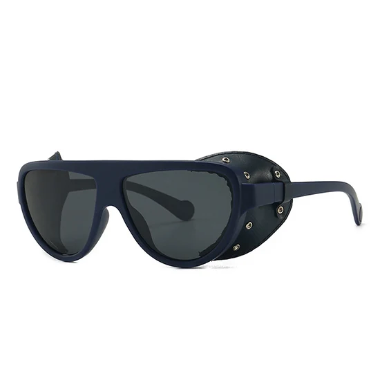 Shauna Ретро стимпанк поляризационные солнцезащитные очки Женские винтажные ПУ кожа заклепки панк Солнцезащитные очки мужские - Цвет линз: Blue black gray