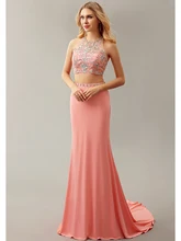 2016 New Coral Sexy Two 2 Pieces Mermaid Beaded Crystals Jersey Open Back College Girls Formal Evening Dresses Gowns Night Wear