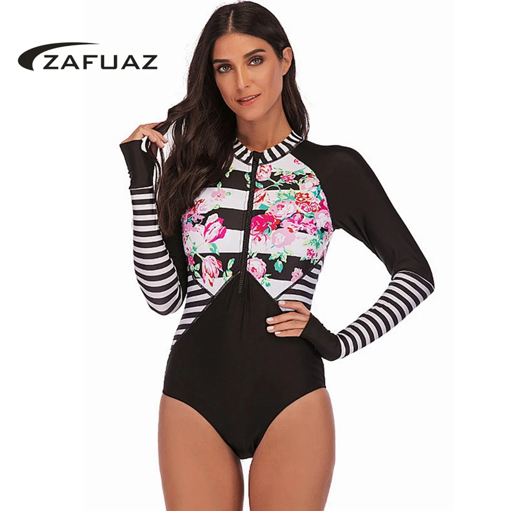 ZAFUAZ 2019 خمر الزهور طباعة كم طويل قطعة واحدة ملابس السباحة النساء ملابس السباحة زائد حجم Monokini الرياضة الاستحمام تصفح الشاطئ