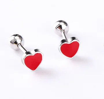 

Cute Small Red Peach Heart 925 Sterling Silver Screw Stud Earrings For Women Girls Children Kids Jewelry Orecchini Aros Aretes