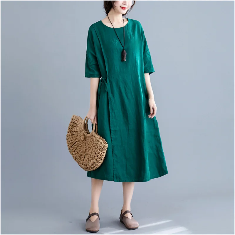 

Johnature Summer 2019 New Dress Fashion Cotton Solid Color Loose Comfortable Short Sleeve O-neck Knee-length Women Dresses