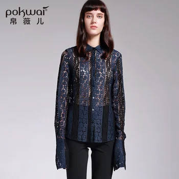 

POKWAI Autumn Vintage Hollow Out Lace Shirts Women Tops High Quality Clothing Solid Blouse Turn-Down Collar Long Sleeve Top