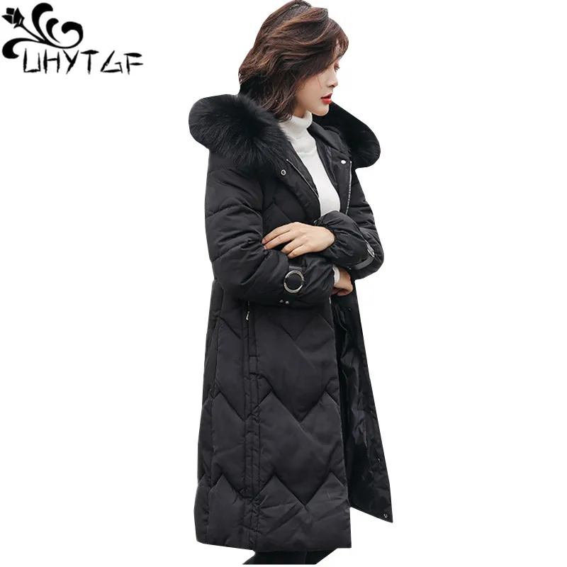 

UHYTGF Elegant Womens jacket Top Big fur collar Hooded Down jacket Warm Outerwear Winter Cotton Parker Women's Plus size coat 40