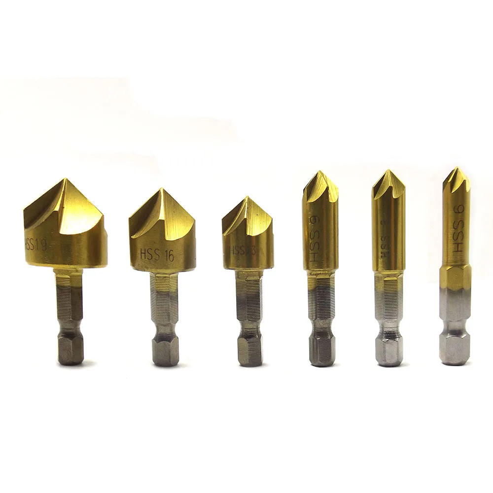 6pcs 1/4 Inch Hexagonal Shank Five Edge Five Blade tools herramientas ferramentas Chamfer Countersink Set Chamferring Tool