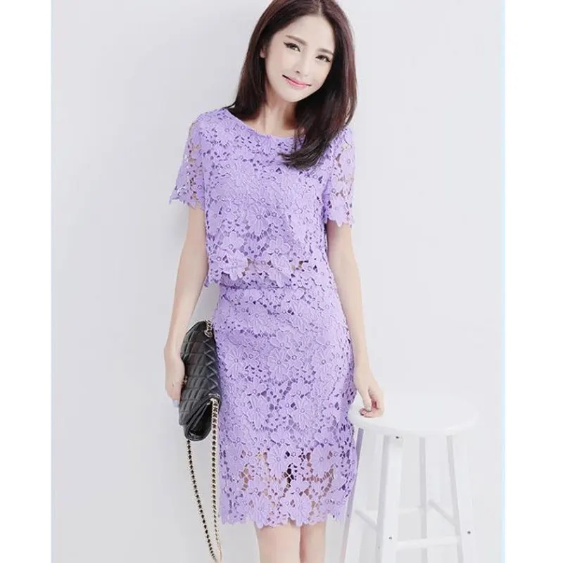 

Summer Women Top And Skirt 2 Peice Set Fashion Outfit Lady Hollow Out Hook Flower Lace Shirt Package Buttocks Skirts Two Suits