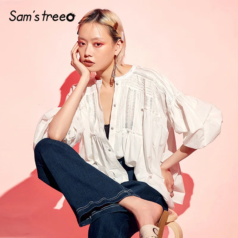 

Samstree Women White Summer Blouse 2019 Lantern Sleeve Hollow Out Buttons Blouses Shirts Loose Office Lady Chic Lace Blouses