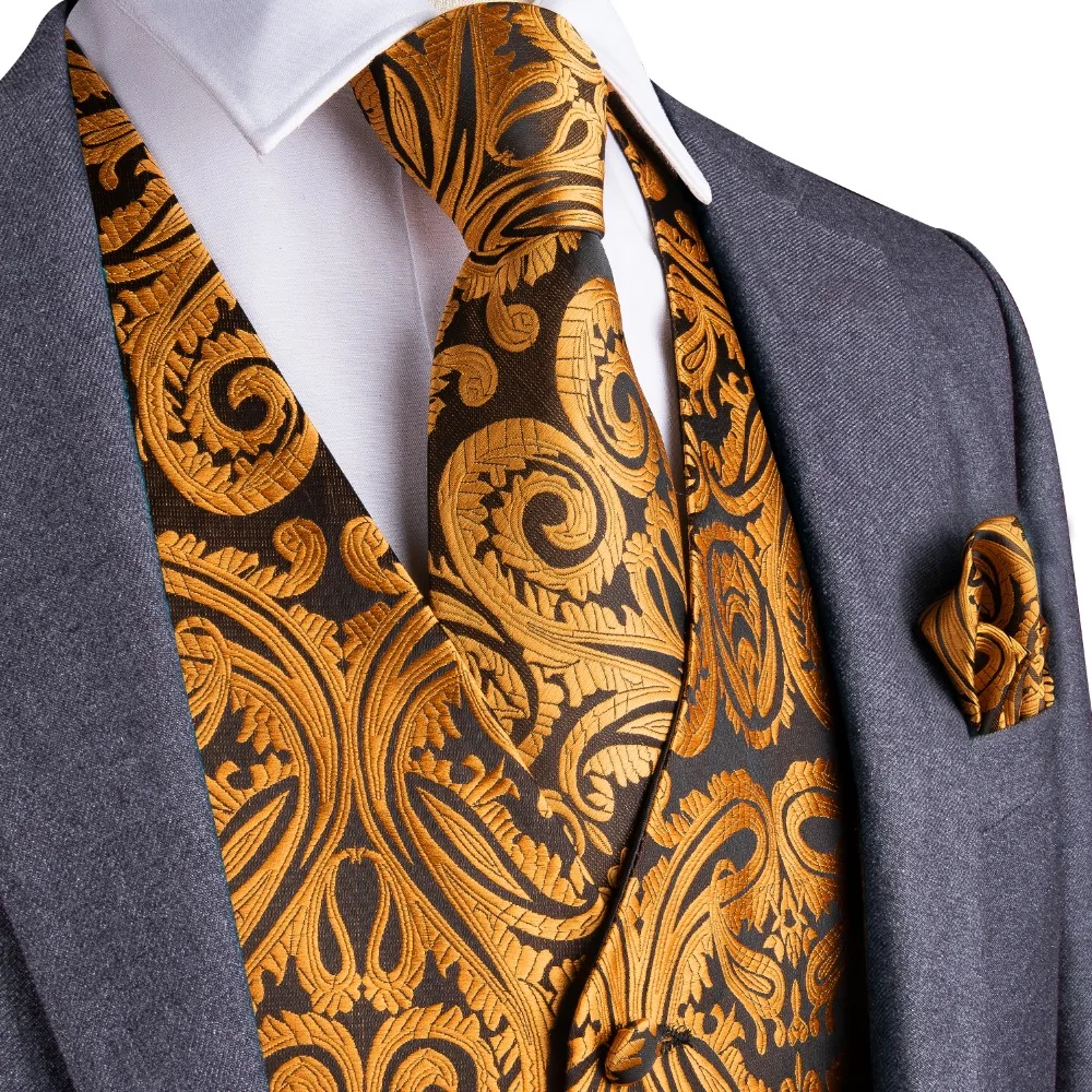 

DiBanGu New Gold Suit Waistcoat 4pc Floral Men Vest Tie Handkerchief Set Silk Jacquard Woven Single Breasted Top Blouse MJTZ-001