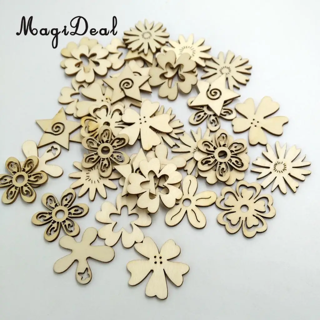 MagiDeal 50 Pieces Mixed Natural Wood Flower Shapes Embellishment Craft Scrap Booking Card Sign Making for Party Decor Favor 