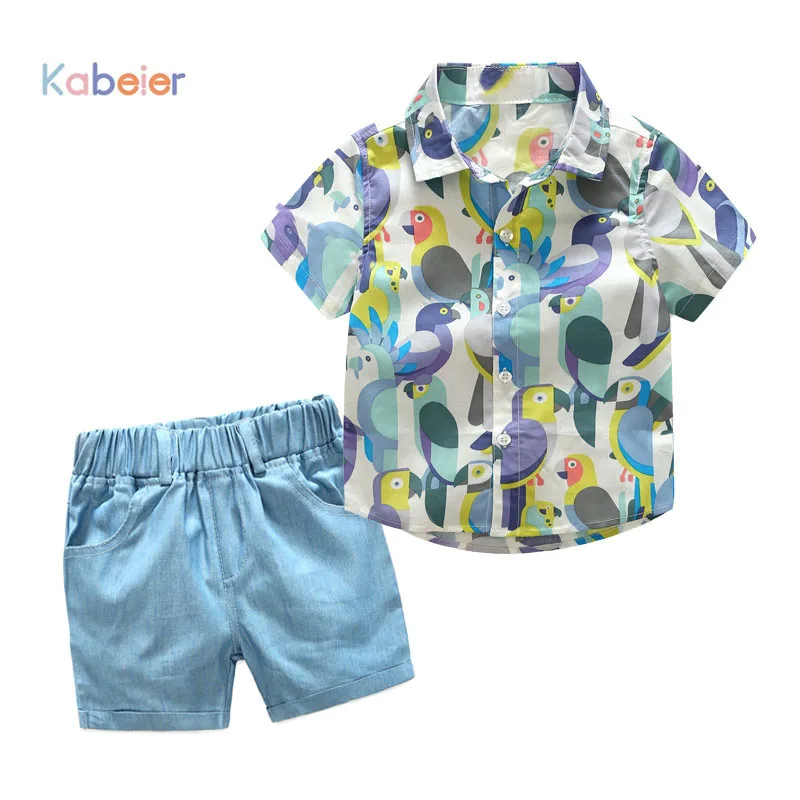 

summer boy clothes birds printed shirt with blue shorts 2 pieces/set children clothing suit for toddler boys suit set fashion