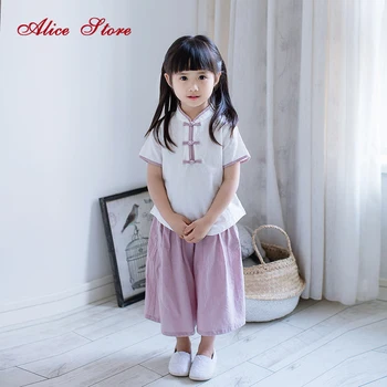 

2018 new summer girls collar short-sleeved cotton and linen Han suit children's solid top+Wide leg pants 2 pcs clothing sets